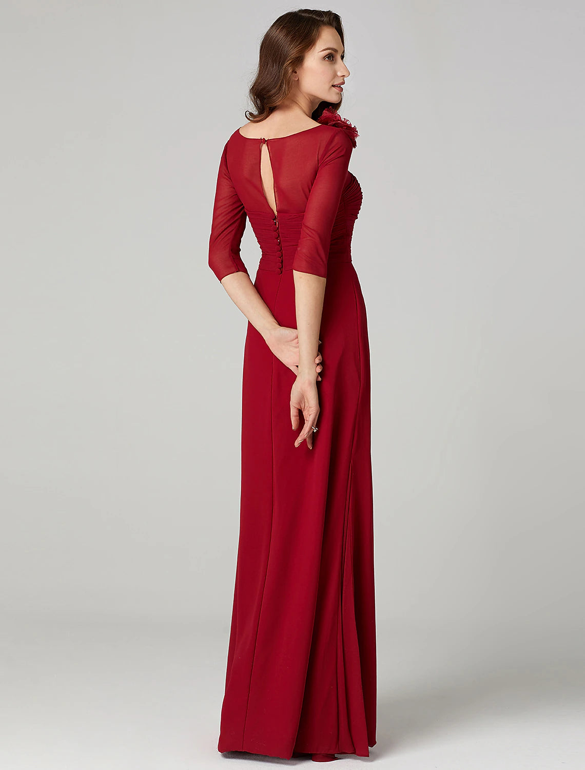 Wholesale Sheath / Column Keyhole Dress Holiday Wedding Guest Floor Length 3/4 Length Sleeve Bateau Neck Charmeuse with Ruched Flower